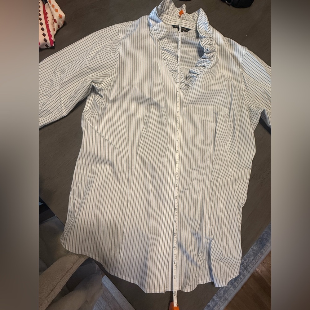 Brooks Brothers Women’s 10 Button Down Ivory & Blue Striped Ruffle Collar Blouse - Picture 8 of 9